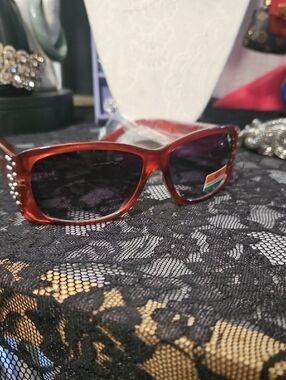 Women's Red Tinted Sunglasses with Rhinestone Detail